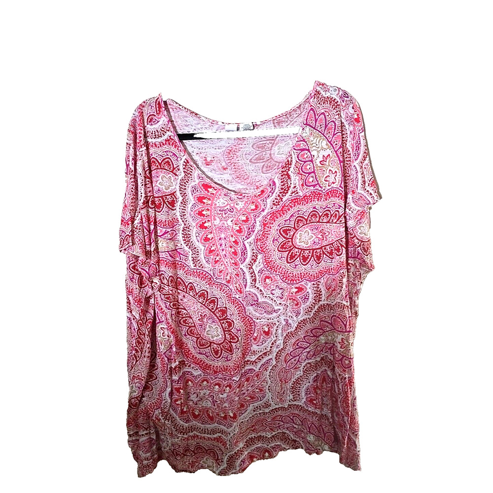 Artisan NY Pink Paisley Print Scoop Neck Short Sleeve Casual Top Womans Size 3X